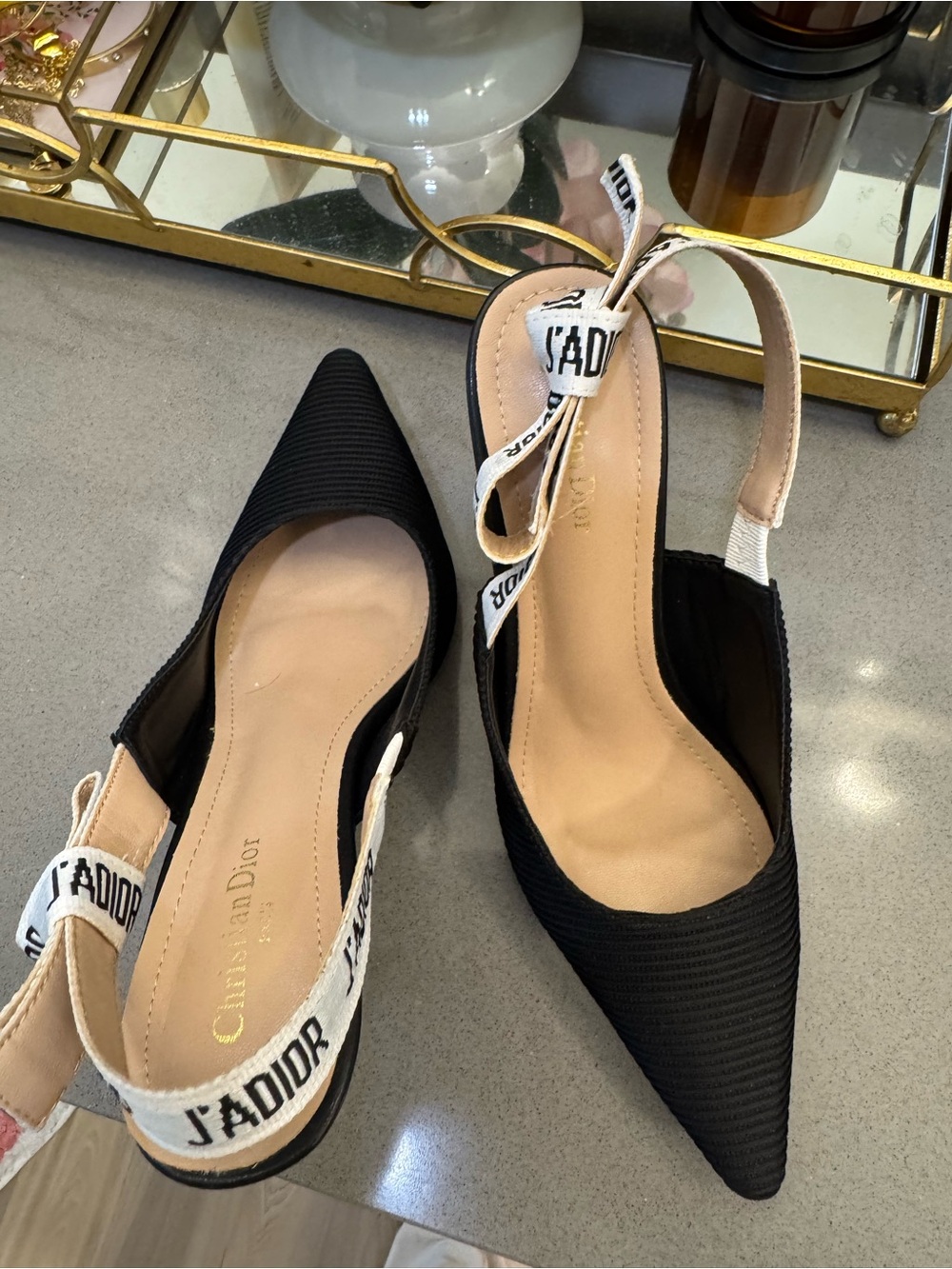 Dior Black Pointed Slingback Heels with J'ADIOR Ribbon